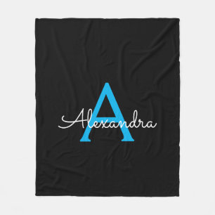 Blaues schwarzes Skript Mädchen Monogramm Name Fleecedecke