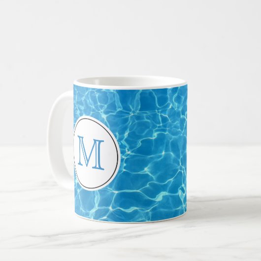 Blaues Schwimmbad Wassermonogramm Kaffeetasse (Vorderseite Links)