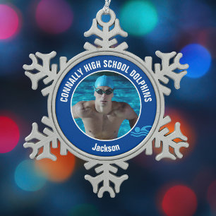 Blaues Schwimmteam-Foto Schüler Schwimmer Schneeflocken Zinn-Ornament