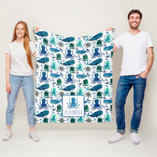 Blaues SeeAquarell unter der Seekrake Fleecedecke