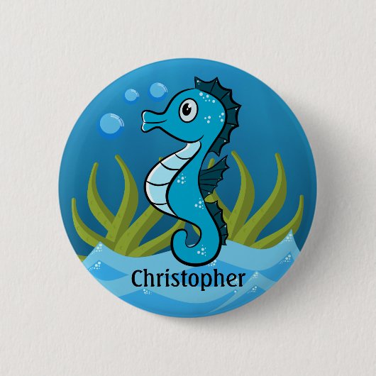 Blaues Seepferdchen Personalisiert Button (Vorderseite)