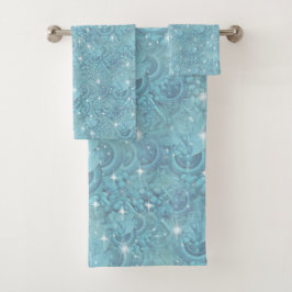 Blaues seidiges Wiederholmuster und weiße Glitzern Badhandtuch Set