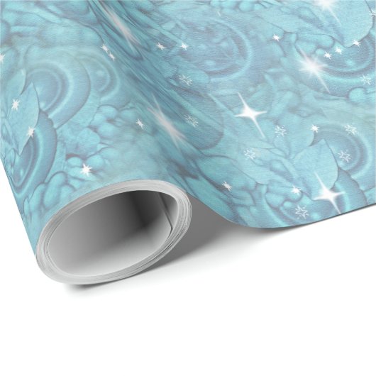 Blaues seidiges Wiederholmuster und weiße Glitzern Geschenkpapier (Rolleneckpunkt)