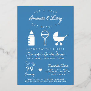 Blaues Shake Rattle and Roll Babyshower Folieneinladung
