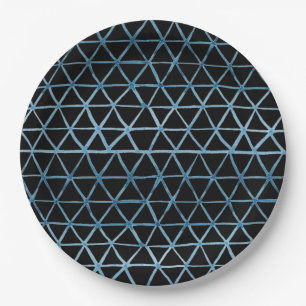 Blaues Shibori-Aquarellnetz-Muster auf schwarz Pappteller