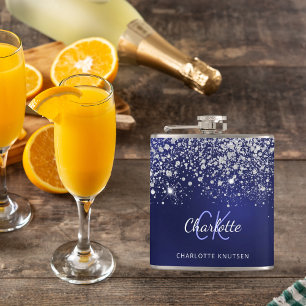 Blaues Silber-Monogramm-Name-Skript Glitter Funkel Flachmann