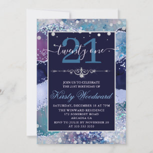Blaues & Silbernes Holo-Glitter-Achat-Geburtstagsd Einladung