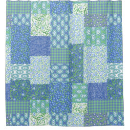 Blaues Singrün BlumenBoho Imitat-Patchwork-Muster Duschvorhang