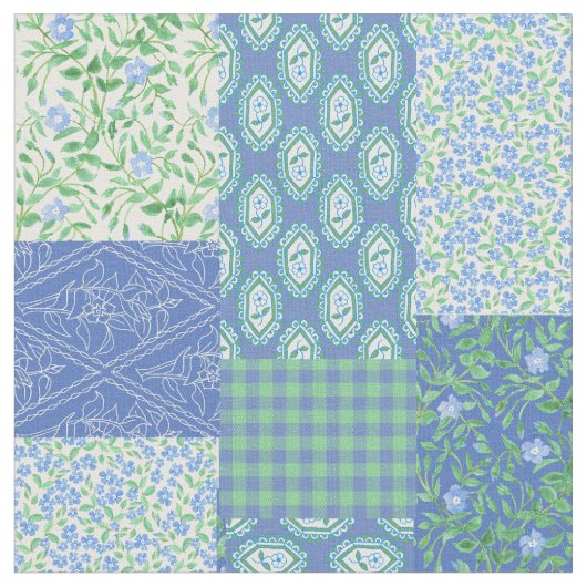 Blaues Singrün BlumenBoho Imitat-Patchwork-Muster Stoff (Nahaufnahme)