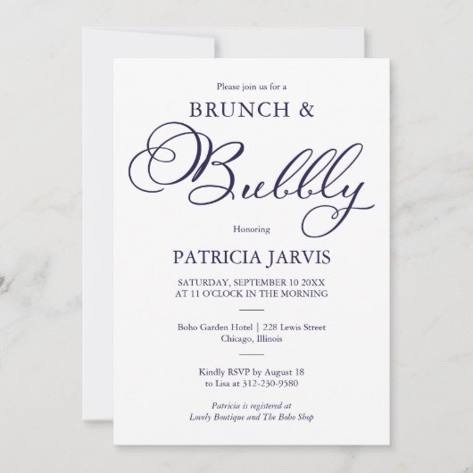 Blaues Skript-Brunch und Bubbly-Brautparty Einladung (Vorderseite)