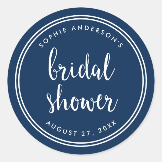 Blaues Skript-und Weiß-Streifen-Brautparty Runder Aufkleber (Vorderseite)