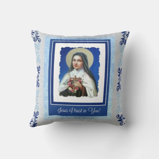 Blaues St. Therese die kleine Blume mit Zitat Kissen (Rückseite)