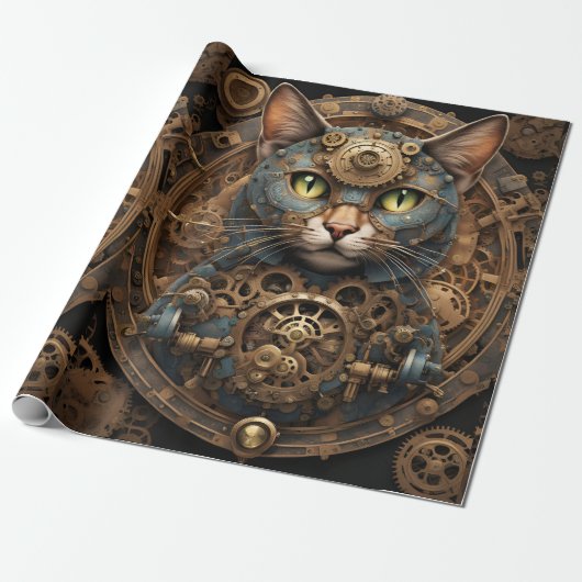 blaues Steampunk Kat KI Kunstpapier Geschenkpapier (Ungerollt)