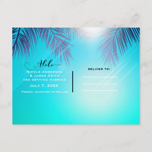 Blaues STRAND PARTY Sonnige Palmen Save the Date Ankündigungspostkarte (Rückseite)
