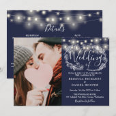 Blaues String-Lights-Foto in einer Hochzeit Einladung (Vorne/Hinten)