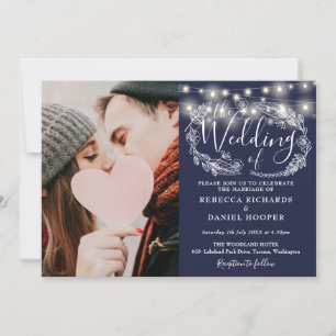 Blaues String-Lights-Foto in einer Hochzeit Einladung