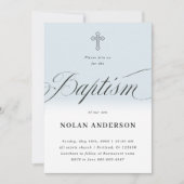 Blaues subtiles Kreuz in Buchstaben Kalligrafie Ta Einladung (Vorderseite)