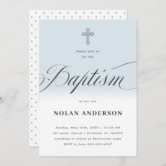 Blaues subtiles Kreuz in Buchstaben Kalligrafie Ta Einladung (Vorne/Hinten)