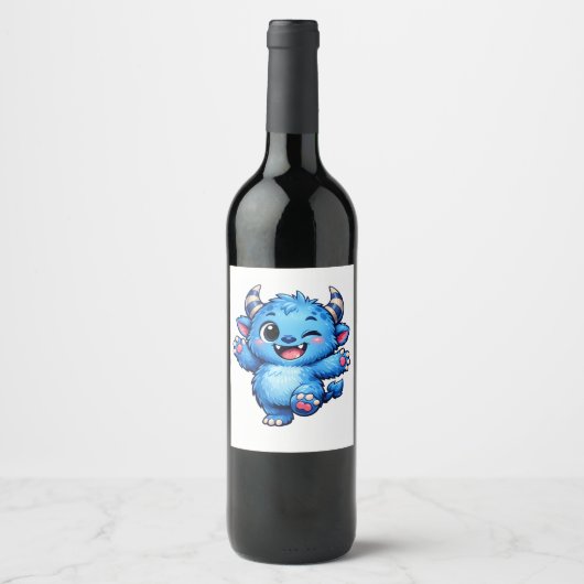 Blaues süßes Monster Weinetikett (Vorderseite)