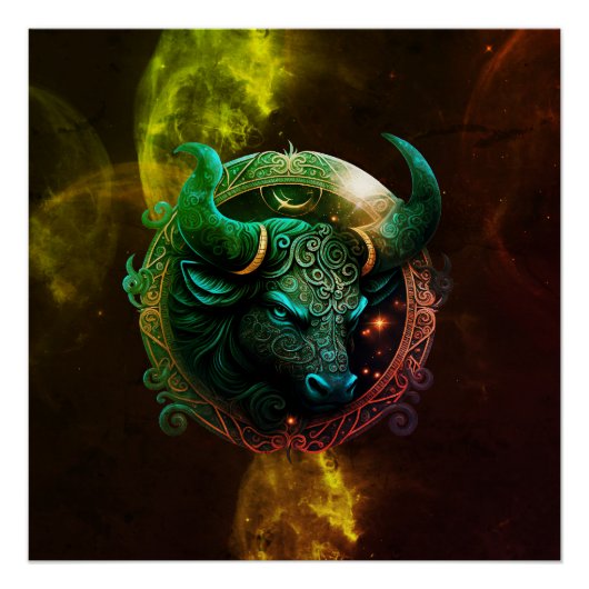 Blaues taurus zodiakisches Zeichen auf kosmischer Poster (Vorderseite)