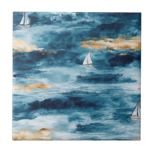 Blaues Teal-Segelschiff Küstenwellenmuster Fliese