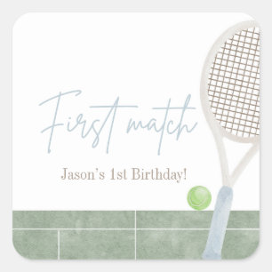 Blaues Tennis Erster Geburtstag Preppy Klassische Quadratischer Aufkleber