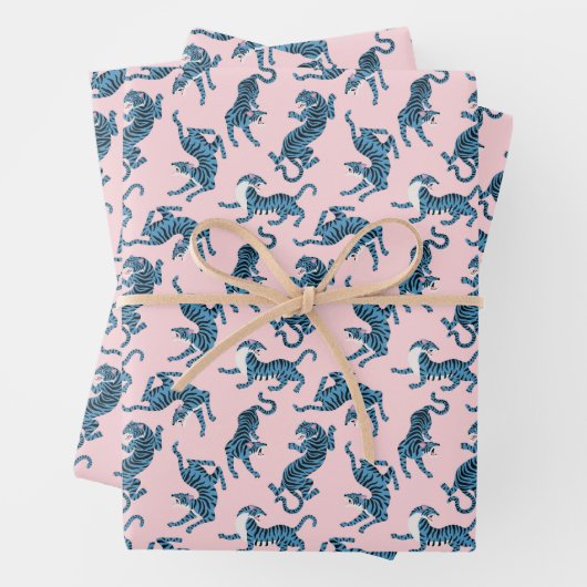 Blaues Tiger-asiatisches Muster Geschenkpapier Set (Beispiel)