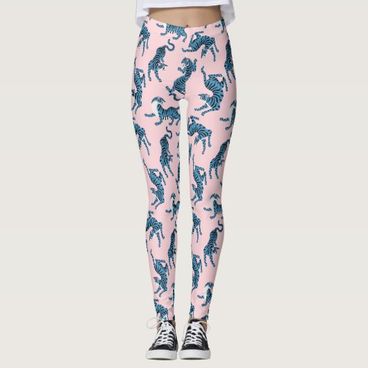 Blaues Tiger-asiatisches Muster Leggings (Vorderseite)