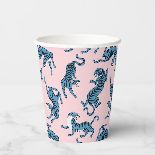 Blaues Tiger-asiatisches Muster Pappbecher (Rückseite)