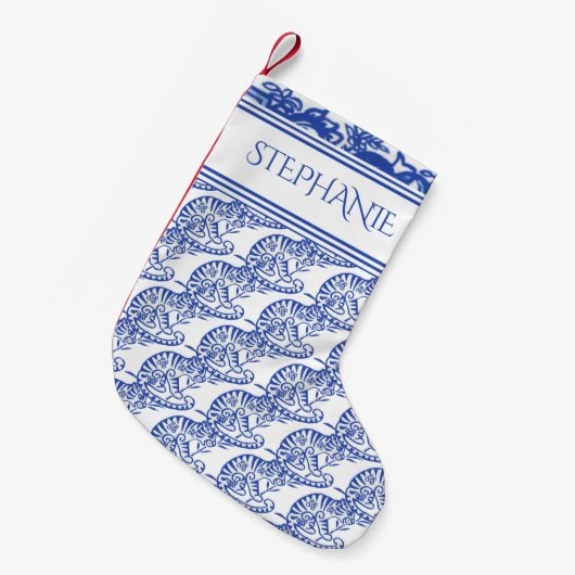 Blaues Tiger Muster Delft Oriental Custom Kleiner Weihnachtsstrumpf (Vorderansicht (hängend))