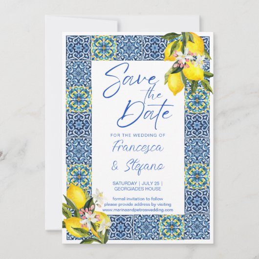 Blaues Tiles-Zitronen-Foto Save the Date Einladung (Vorderseite)