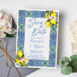 Blaues Tiles-Zitronen-Foto Save the Date Einladung<br><div class="desc">Blue Tiles Zitronen moderne lässige Drehbuch elegantes Foto Save the Date Einladung Vorlage Sofortdownload.</div>