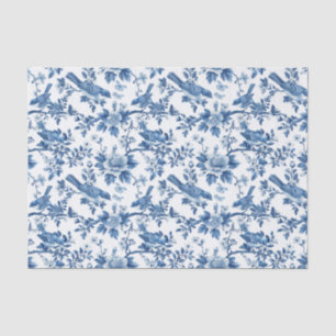 Blaues Toile-Blumenmuster mit Vögeln auf Zweigen Seidenpapier
