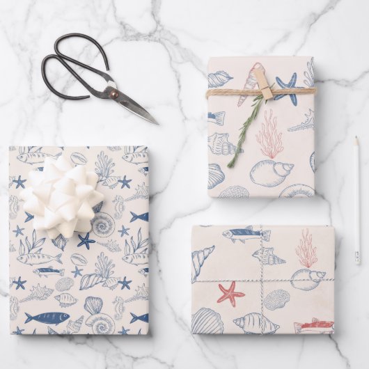 Blaues Toile-Ozean-Geschenkpapier-Set mit 3 Bögen Geschenkpapier Set (Vorderseite)