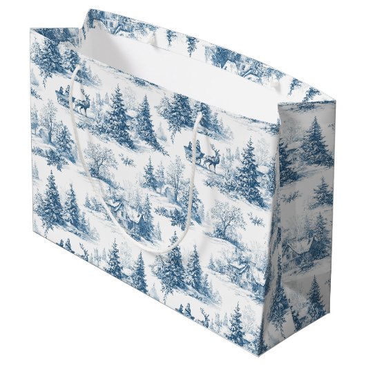 Blaues Toile-Weihnachtsmuster  Große Geschenktüte (Rückseite Schrägansicht)