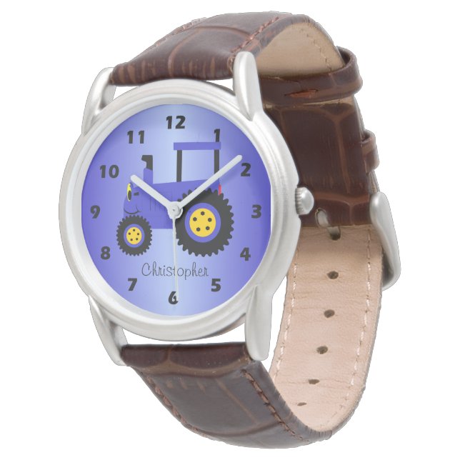 Blaues Traktor-Design personalisiert Armbanduhr (Schrägansicht)