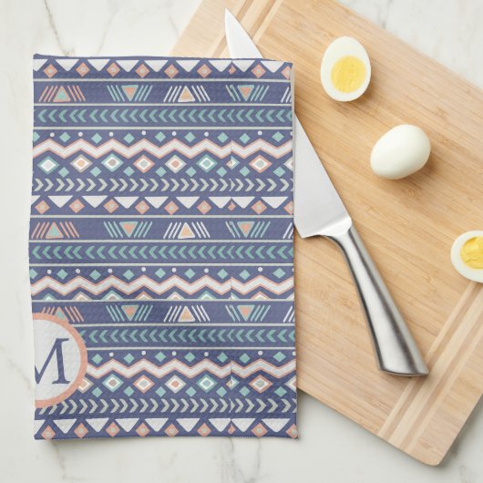 Blaues Tribal Muster Monogram Geschirrtuch (Viertel Falte)