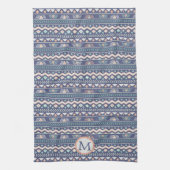 Blaues Tribal Muster Monogram Geschirrtuch (Vertikal)