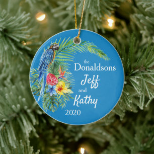 Blaues Tropenparrot Palm Leaf Blume Foto Keramik Ornament