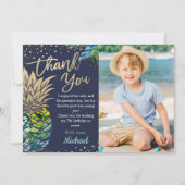 Blaues tropisches Ananas Beach Party Foto Dankeskarte (Vorderseite)