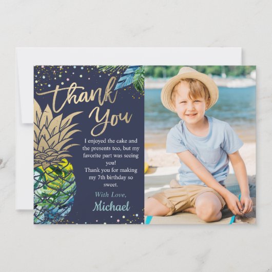 Blaues tropisches Ananas Beach Party Foto Dankeskarte (Vorderseite)