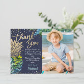 Blaues tropisches Ananas Beach Party Foto Dankeskarte (Stehend Vorderseite)