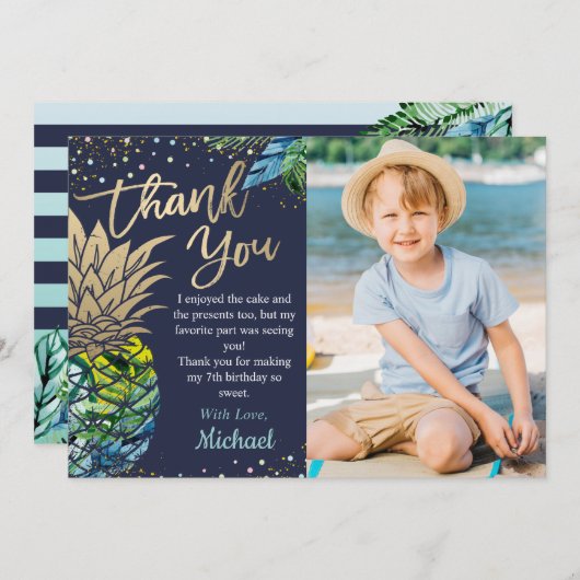 Blaues tropisches Ananas Beach Party Foto Dankeskarte (Vorne/Hinten)