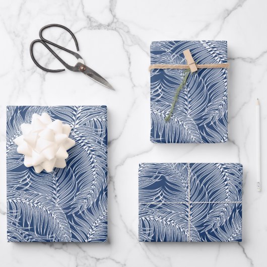 Blaues tropisches Blätter-Muster Geschenkpapier Set (Vorderseite)