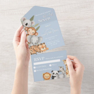 Blaues tropisches Jungle Geburtstagsduschtiere All In One Einladung