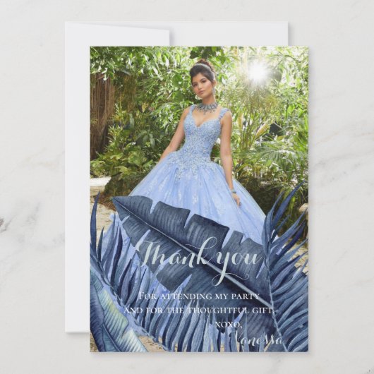 Blaues tropisches Laub-Foto Dankeskarte (Vorderseite)