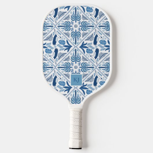 Blaues tropisches Palmkastental Mit Monogramm Pickleball Schläger (Rückseite)