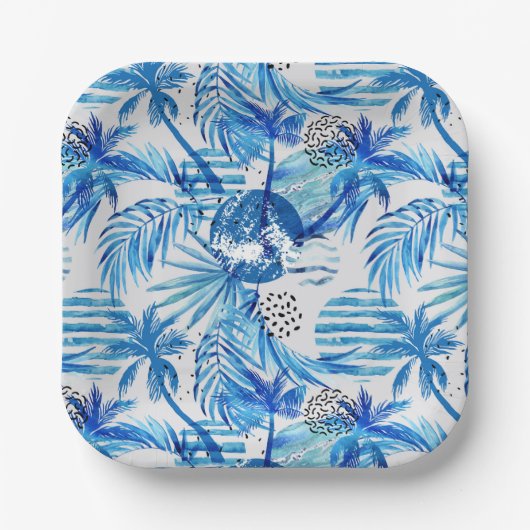 Blaues tropisches Wasserfarbmuster Pappteller (Vorderseite)