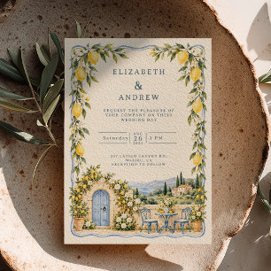 Blaues Tür-Zitronen-Italienisches-Garten-Hochzeit Einladung