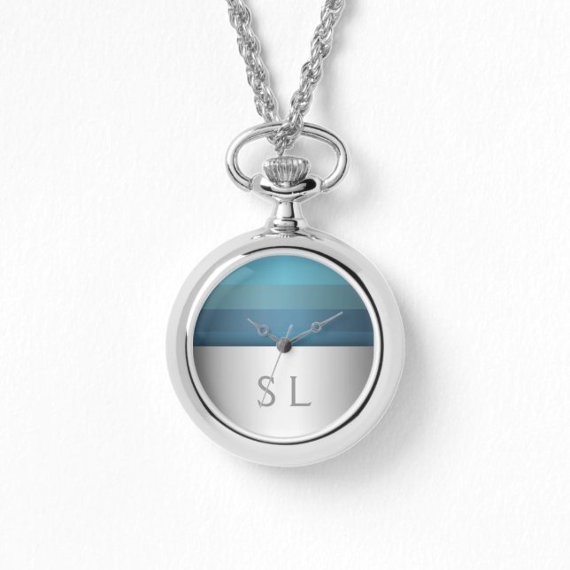 Blaues türkisfarbenes Streifenmuster | Ihr Monogra Armbanduhr (Vorderseite)